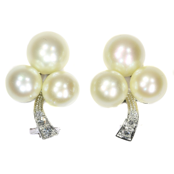 Chique Evening Dress Estate Diamond And Pearl Earclips From The Fifties